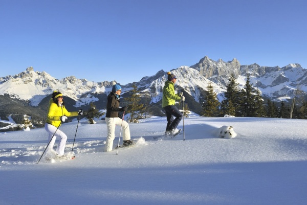 Geführte Schneeschuhwanderung, im Hintergrund der Gosaukamm und das Dachsteingebirge © TVB Filzmoos / Sepp Mallaun